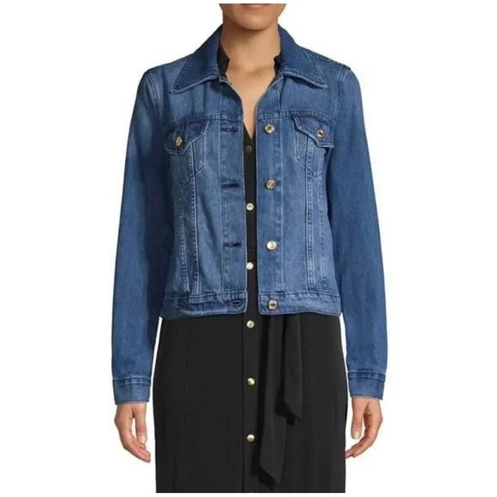 Michael Kors Denim Jacket Womens 1X Blue Classic Gold Button Trucker Jean Jacket